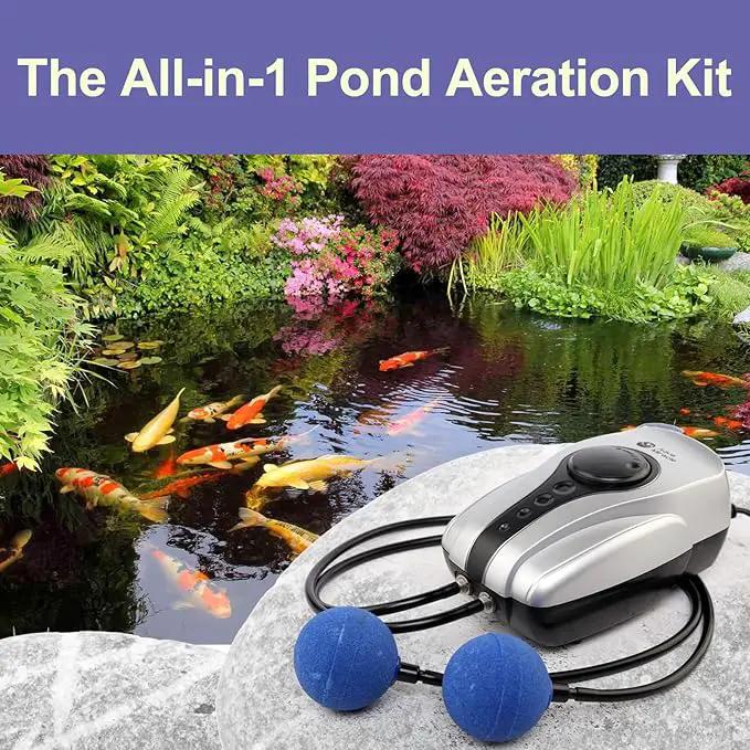 AquaMiracle All-in-One Pond Air Pump Koi Pond Aerator for Pond up to 2000 Gallons Pond Deicer Pond Aeration Kit with 2&4 Outlets Air Stones Airline Tubing Check Valves by GreenHaven Gardens