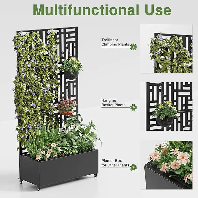 Casaphoria Metal Raised Garden Bed with Trellis and Wheels, 72"x35"x16" Planter Box for Climbing Plants, Vegetables & Vines, Features Drainage Holes and Privacy Screen (Black-Helen) by GreenHaven Gardens