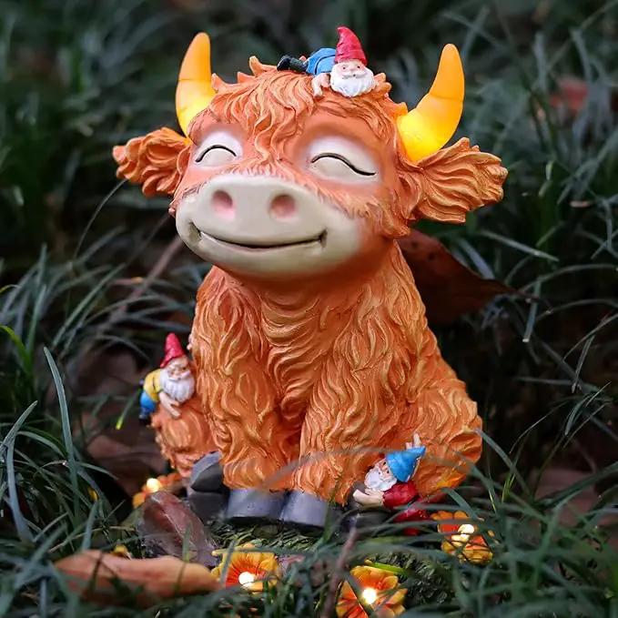 Solar Garden Statue Highland Cow Figurine with Funny Gnomes Garden Outdoor Decor for Yard Patio Lawn Christmas Housewarming Gifts for Women,Mom,Grandma by GreenHaven Gardens