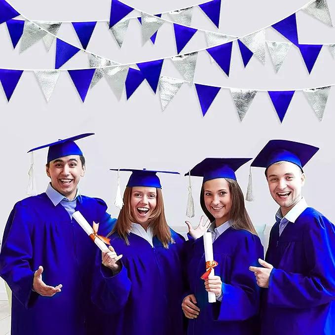 Royal Blue Silver Party Decorations Navy Blue Triangle Pennant Banner Flag Metallic Fabric Bunting Garland for Birthday Graduation Wedding Retirement Nautical Ahoy Achor Pirate Theme Party Supplies by GreenHaven Gardens
