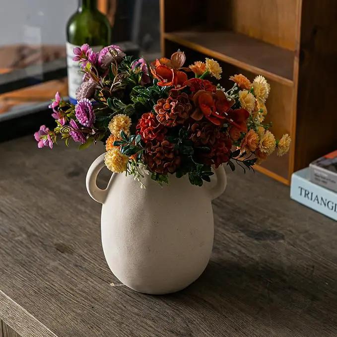 Off-White Ceramic Vase with 2 Handles, Sandstone Texture for Modern Farmhouse Decor, Rustic Pottery, Decorative Flower Vase, Clay Small Vase, Centerpiece for Dining Table - 7 Inch Tall by GreenHaven Gardens