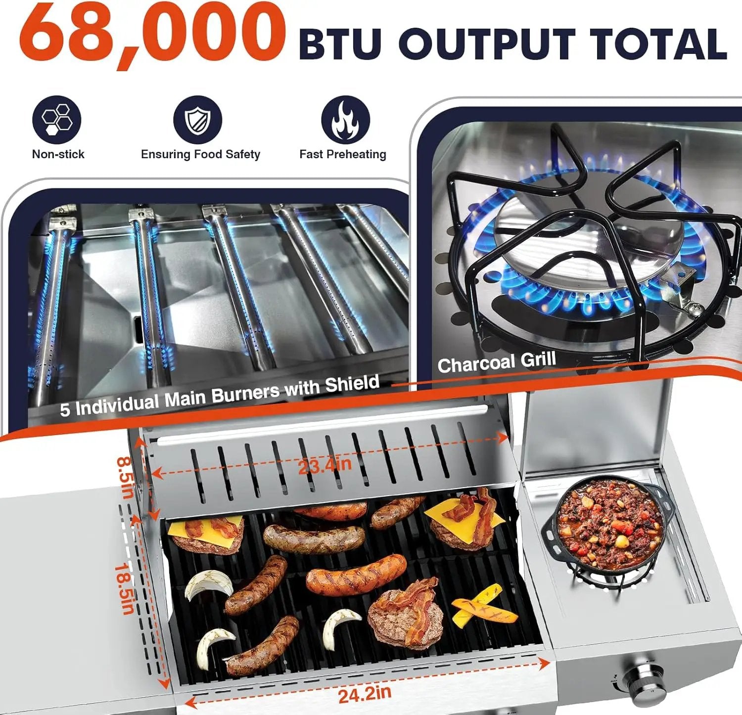 Llamaviva 5 Burner Propane Gas Grill with Side Burner,Stainless Steel BBQ Grill with Porcelain-Enameled Cast Iron Grates, 68000 BTU Cabinet-Style Cart Design for Outdoor Patio Barbecue- food clip by GreenHaven Gardens