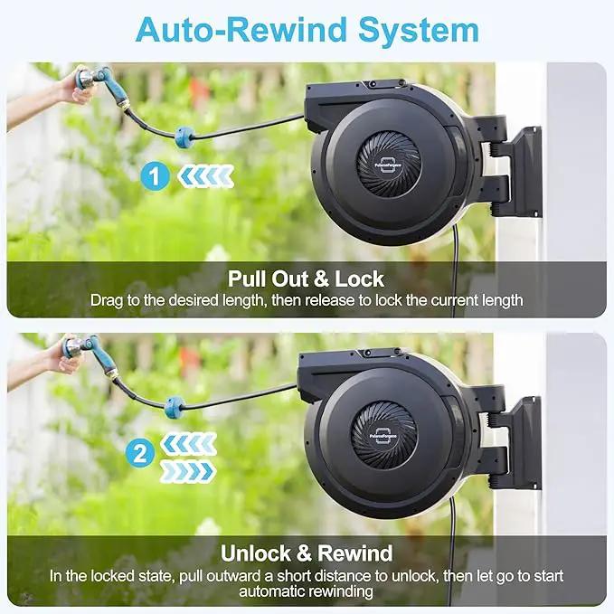 Retractable Garden Hose Reel - 5/8 inch x 90 ft Wall Mounted Hose Reel with 10 Pattern Nozzle & Any Length Lock, Heavy Duty Water Hose Supports Automatic Rewind & 180° Swivel, Black by GreenHaven Gardens