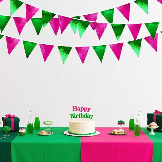 Pink and Green Party Decorations Metallic Hot Pink Light Green Fabric Triangle Pennant Banner Flag Bunting Garland for Witches Theme Birthday Wedding Baby Shower Engagement Bachelorette Party Supplies by GreenHaven Gardens