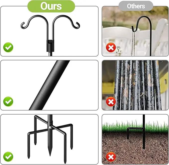 Double Shepherds Hooks for Outdoor, Heavy Duty Bird Feeder Pole with 5 Prong Base, Adjustable Shepards Hook for Outside, Garden, Weddings, Hanging Plant, 2 Pack by GreenHaven Gardens