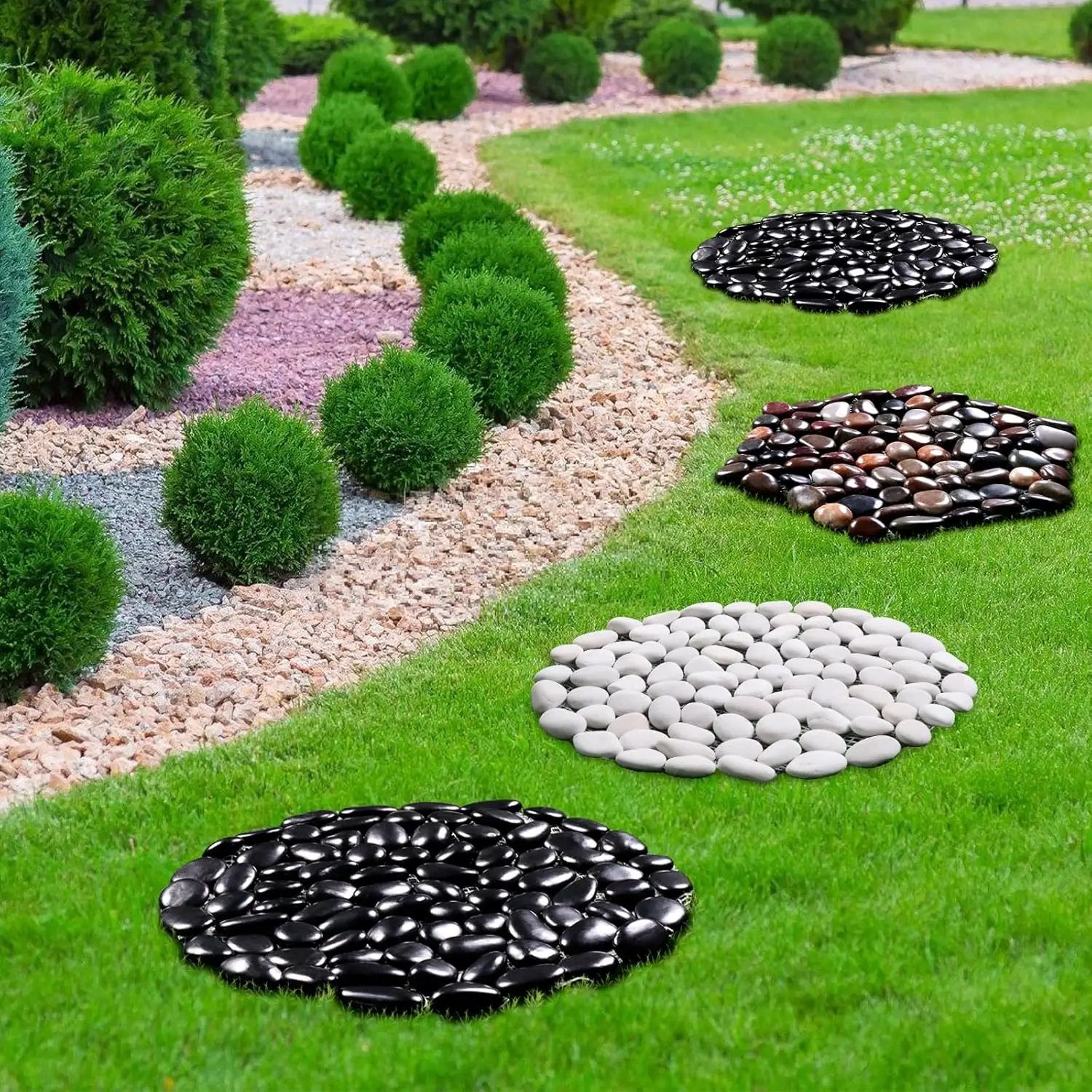 10in River Rock Stepping Stones Set - 6 Pack | Polished Pebble | Long-Lasting PVC Mesh Backing | Perfect for Garden Paths and Lawns Outdoor Landscaping Decoration | Rhombus and Round Set by GreenHaven Gardens