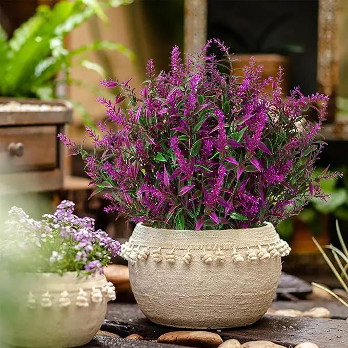 8 Pack Artificial Plants Flowers Grass Shrubs Lavender No Fade Faux Plastic Flowers Outdoor for Farmhouse Garden Porch Patio Indoor Wedding Decoration Greenery Fake Plants uv Resistant by GreenHaven Gardens