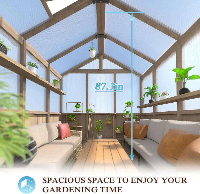 8x16 FT Greenhouse for Outdoor, 6MM Thick Polycarbonate Panel Wooden Walk-in Green House with Adjustable Roof Vents and Lockable Door, Backyard Garden, Light Mocha Brown by GreenHaven Gardens