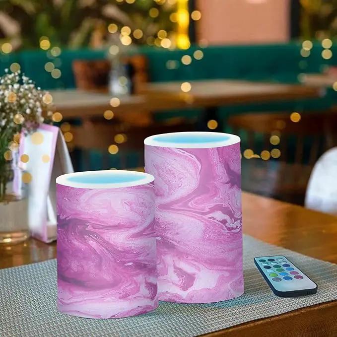 Flickering Flameless Candles, Pink Fuchsia Marble LED Candles with Remote Timer, Set of 2 Battery Operated Candle for Valentine Wedding Birthday by GreenHaven Gardens