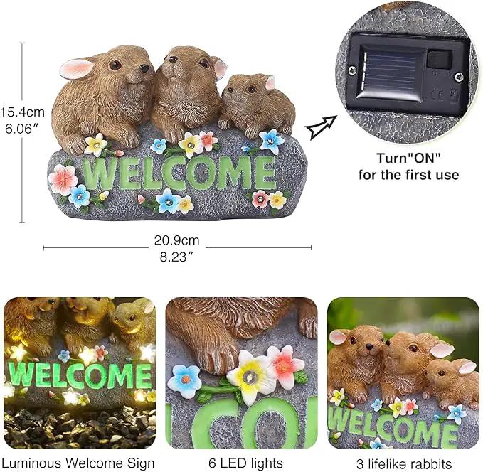 Solar Rabbits with Welcome Sign - Outdoor Bunny Decor with Solar LED Lights - Rabbit Garden Decor & Outdoor Light-Up Gifts for Women, Moms or Birthdays by GreenHaven Gardens