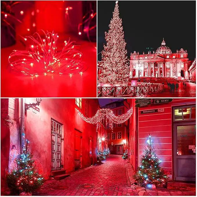QITONG 4 Pack Red Solar Fairy Lights, Each 33ft 100 LED String Light Outdoor Waterproof, 8 Modes Silver Wire Red Outdoor Lights by GreenHaven Gardens