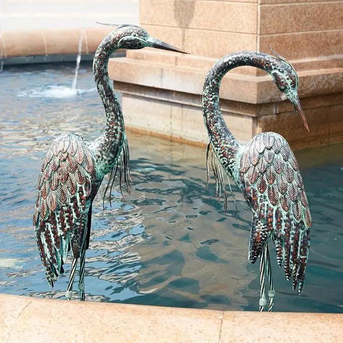 Kircust Garden Crane Statues, Standing Metal Patina Heron Decoy Outdoor Statue, 42-46 Inch Bird Yard Art for Patio Lawn Pond, Set of 2 by GreenHaven Gardens