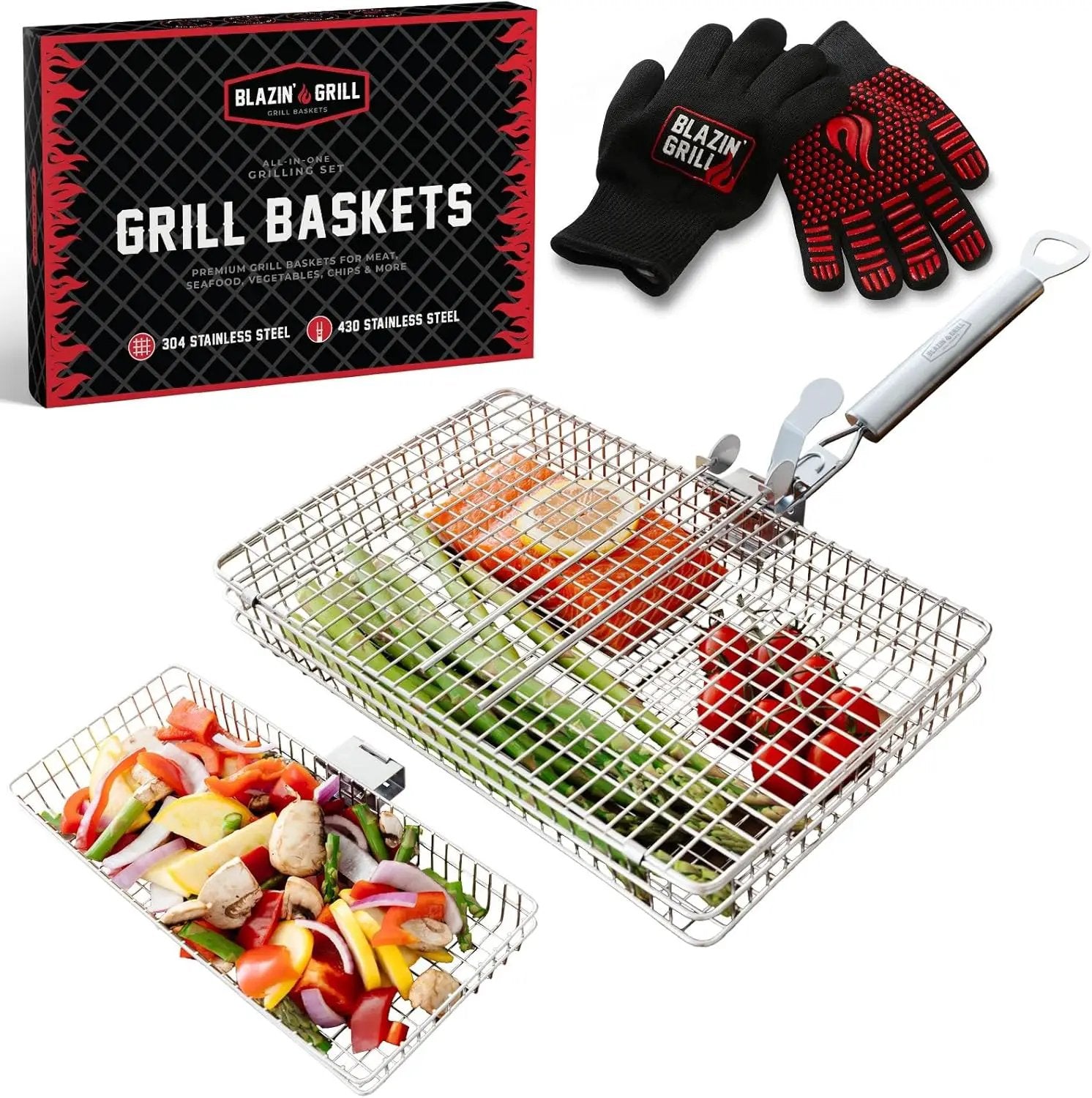 BLAZIN' GRILL Baskets for Outdoor Grill | 2 Grilling Baskets with Detachable Handle | Barbecue Grill Set with BBQ Gloves | Portable Camping Net Rack Perfect for Vegetables, Seafood & Meat by GreenHaven Gardens