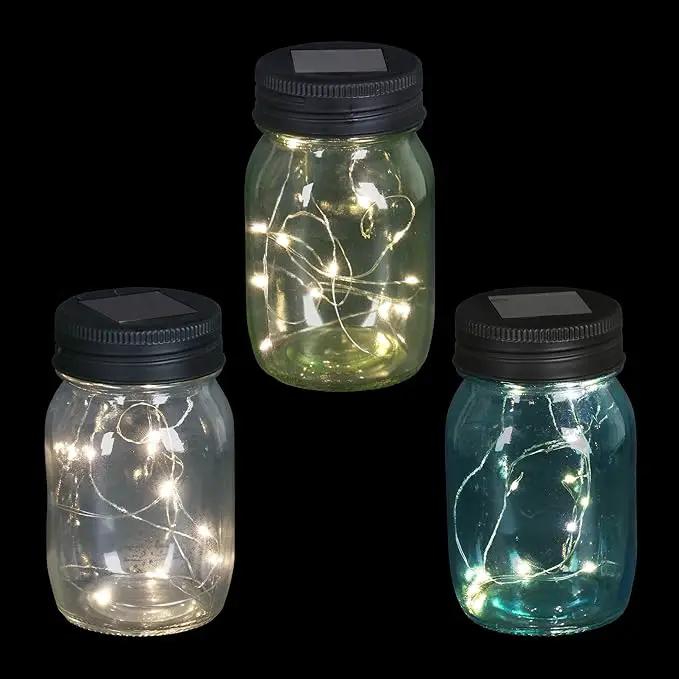 Exhart Solar Mason Jars, Set of 3 Glass Outdoor Garden Lanterns with Lids, 12 LED Firefly Lights, Lawn and Yard Decorations, 3.5 x 5.5 Inch by GreenHaven Gardens