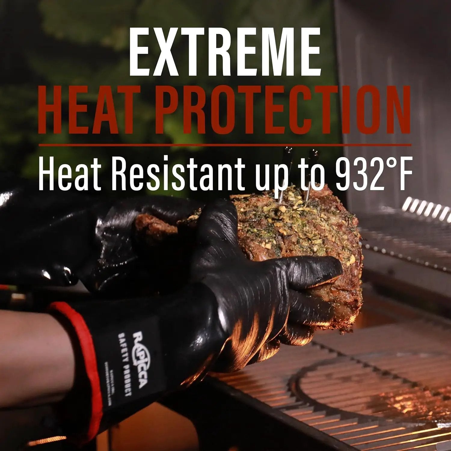 RAPICCA 932°F Heat Resistant BBQ Grill Gloves: Oil Resistant Waterproof for Smoking Grilling Cooking Barbecue Deep Frying Turkey Rotisserie Handling Hot Greacy Meat Stocking Stuffers - Long Sleeve by GreenHaven Gardens
