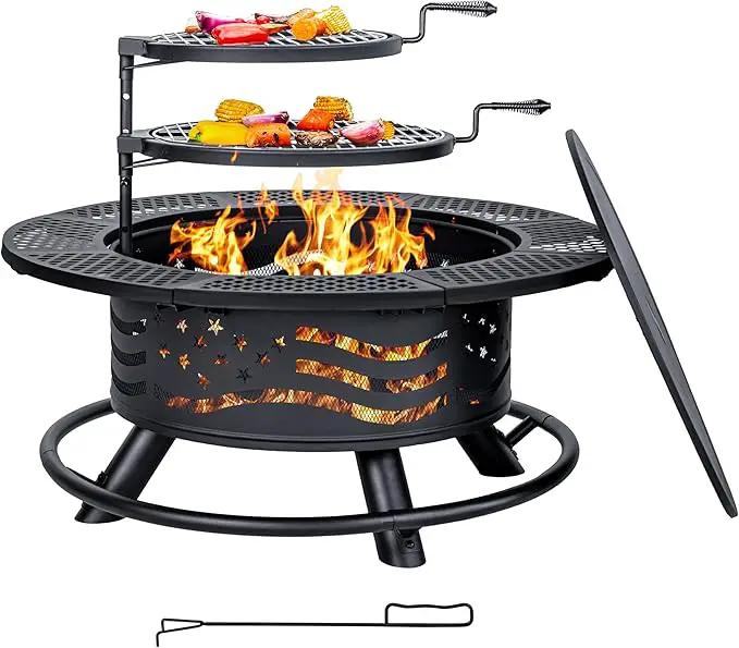 36 Inch Fire Pit with 2 Cooking Grates, Outdoor Wood Burning BBQ Grill Firepit Bowl with Cover Lid, Steel Round Table for Backyard Bonfire Patio Picnic (Black, 36IN) by GreenHaven Gardens