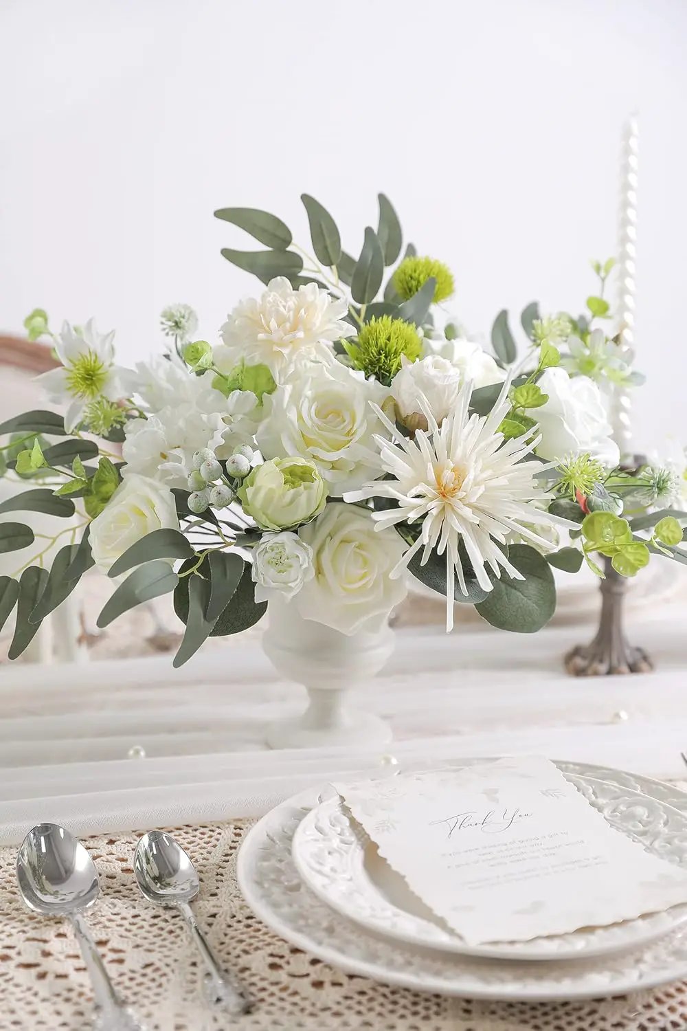 White Artificial Flower Box Set Silk Fake Flowers for DIY Centerpieces Cake Decorations, Wedding Bouquets, Boutonnieres, Home Decor (White Green) by GreenHaven Gardens