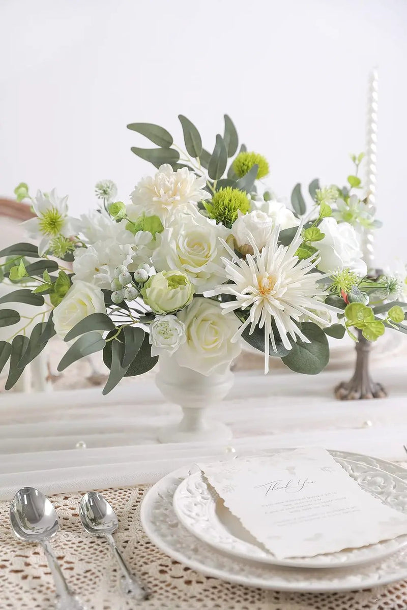 White Artificial Flower Box Set Silk Fake Flowers for DIY Centerpieces Cake Decorations, Wedding Bouquets, Boutonnieres, Home Decor (White Green) by GreenHaven Gardens