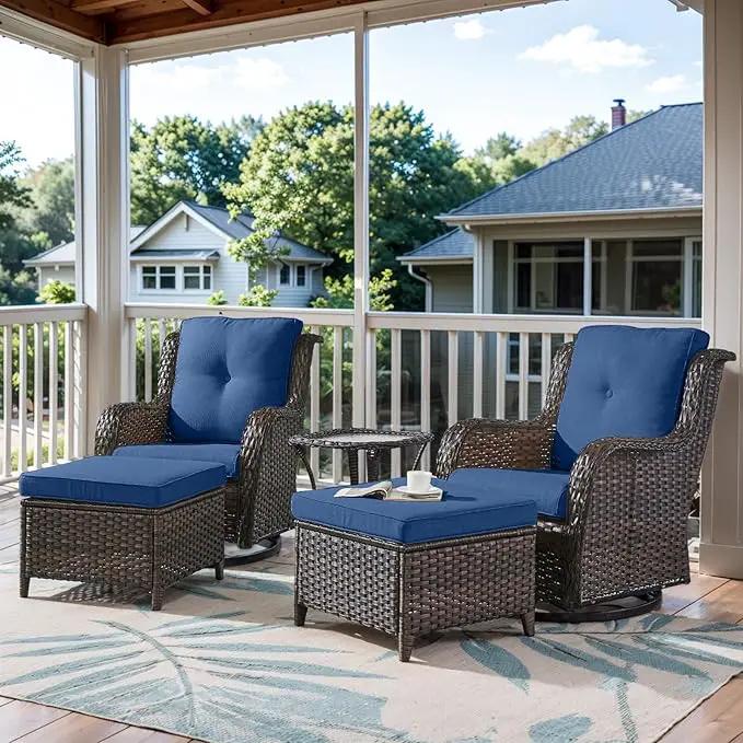 5 Pieces Patio Furniture Sets Wicker Outdoor Furniture, Rattan Patio Swivel Glider Chairs with 2 Ottoman and Glass Side Table by GreenHaven Gardens