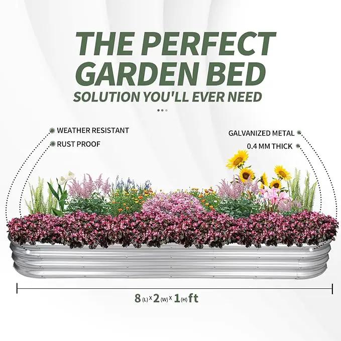 1MORE Galvanized Raised Garden Bed- Planter Garden Boxes Outdoor, Raised Beds for Gardening, 8x2x1ft Metal Garden Bed Kit for Vegetables Flower, Planter Raised Beds with Protective Tape & Tools.Silver by GreenHaven Gardens