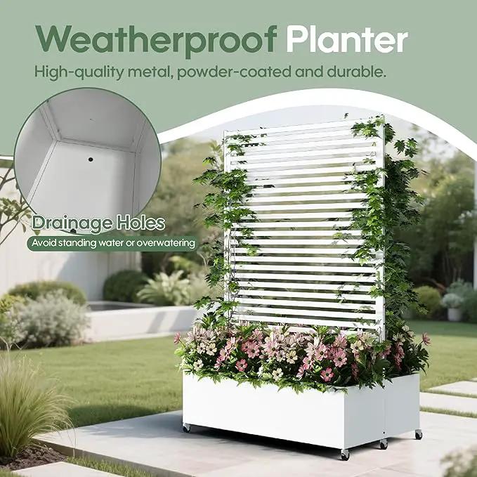 Double Metal Planter Box with Trellis Privacy Screen, Raised Garden Bed with Trellis & Wheels, Planter Box Outdoor with Drainage Holes for Climbing Plants, Vegetable, Vines,73"x 47"x 30", White by GreenHaven Gardens