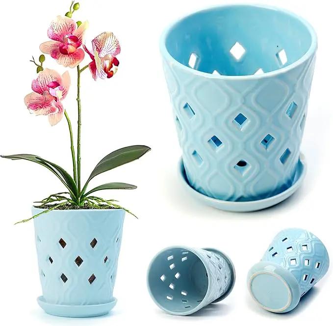 Whispering Winds Ceramic 5 x 6 Inch Orchid Pot with Holes & Saucer for Aeration and Drainage - Decorative Orchid Pots for Repotting, Prevent Over Watering & Root Rot (Charlotte Blue) by GreenHaven Gardens
