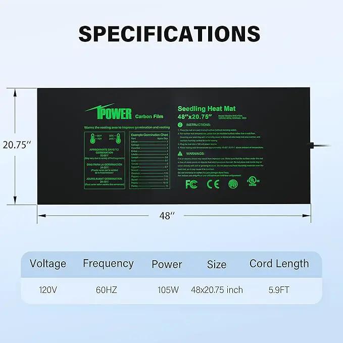 iPower 48” x 20.75” Seeding Heat Mat Upgraded Carbon Film Indoor Warm Hydroponic Plant Germination Starting Pad Durable Waterproof, 48" x 20.75", Black by GreenHaven Gardens