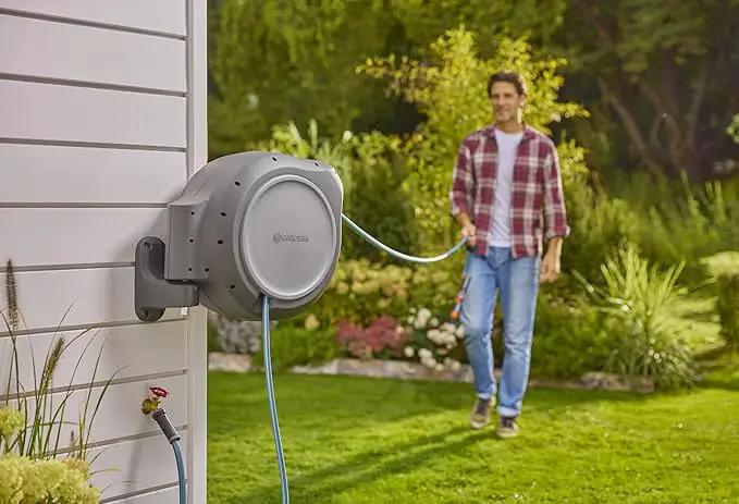 GARDENA 20505, 100' Retractable Garden Hose Reel with US Hose Threads - 100' x 1/2" hose, Automatic Retraction & Length Lock for Easy Watering. Heavy Duty Swivel Bracket 180°, Includes Nozzle. by GreenHaven Gardens