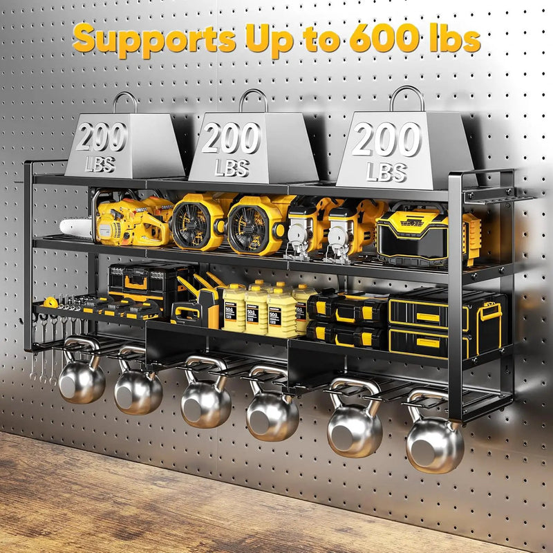49.5" W Large Power Tool Organizer Wall Mount with Charging Station, 4-Tier Heavy Duty12 Cordless Drills Holder Load 600 lb, Tool Battery Storage Rack Built in 8 Outlet Power Strip for Garage by GreenHaven Gardens