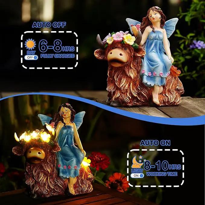 Solar Angel Garden Statue - Garden Fairy Sitting on a Highland Cow with Flowers, Butterflies and 5 LED Lights - Decorate Table, Terrace, Lawn, Birthdays, Grandma, mom by GreenHaven Gardens
