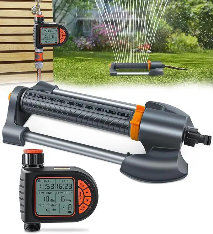 Oscillating Sprinkler with Irrigation Timer, Adjustable Sprinklers for Yard Large Area, Cover up to 3,600 sq. ft, Programmable Water Sprinkler Timer, Rain Delay Lawn & Garden Sprinklers Timer by GreenHaven Gardens