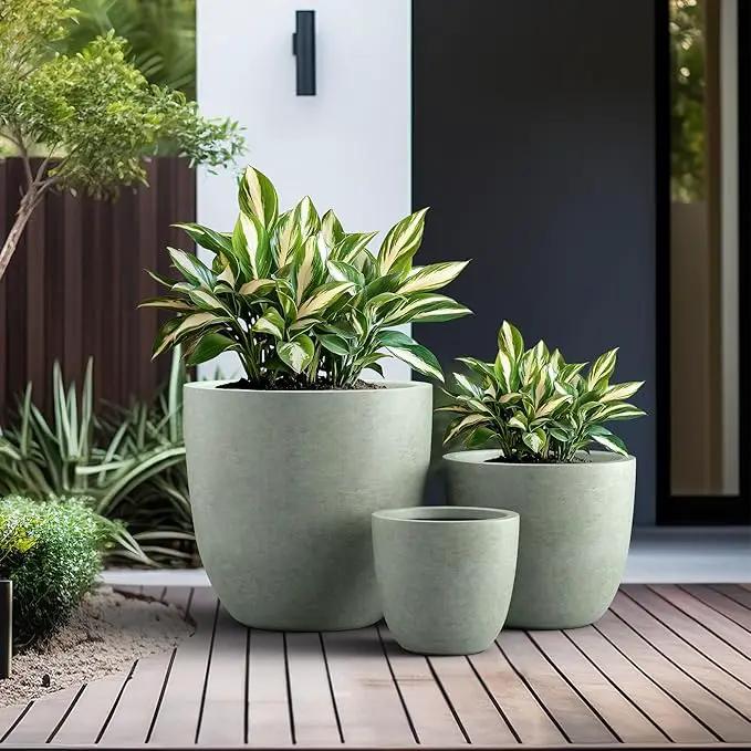 Kante 18",14",10" Dia Concrete Round Planters (Set of 3), Outdoor Indoor Large Planter Pots with Drainage Hole and Rubber Plug for Home Patio Garden, Mint Green by GreenHaven Gardens
