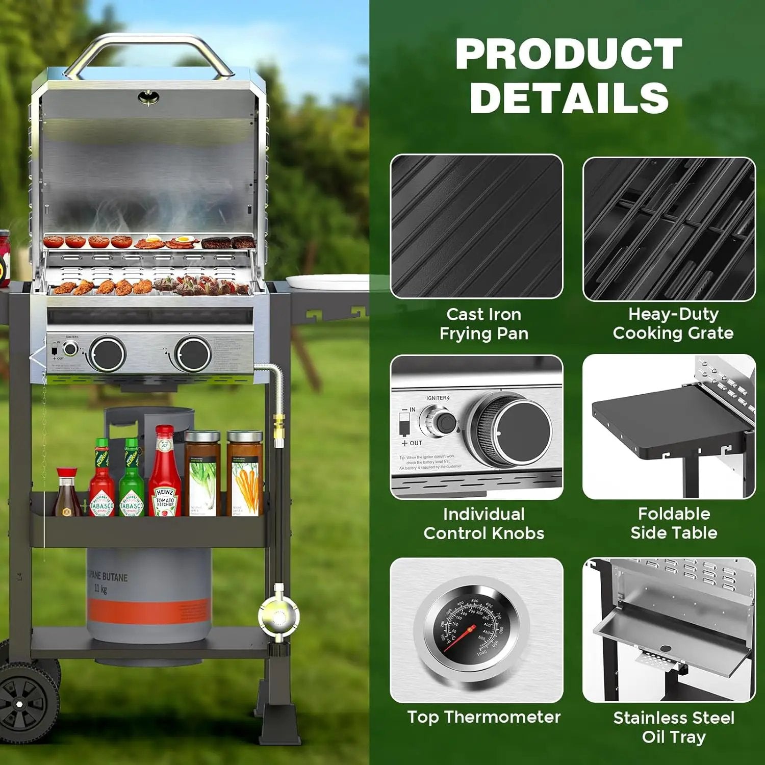 COWSAR 2-Burner Propane Gas Grill with Folding Side Tables,Stainless Steel 16,000 BTU BBQ Grill,Outdoor Grill for Barbecue,Patio,Camping by GreenHaven Gardens