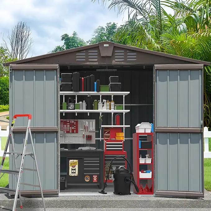 Domi Backyard Storage Shed 8.2’ x 6.2’ with Galvanized Steel Frame,Outdoor Garden Shed Metal Utility Tool Storage Room with Latches and Lockable Door for Balcony Lawn Poolside (Dark Brown) by GreenHaven Gardens