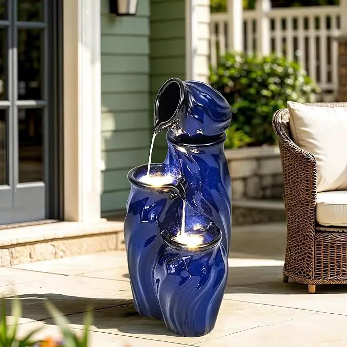 29" Tall Ceramic Water Fountain Outdoor with LED Lights, 4-Tier Cascading Waterfall Garden Fountain, Ideal for Serene Relaxing Patio, Yard or Porch, Cobalt Blue Glaze, Dynamic Wave-Texture by GreenHaven Gardens