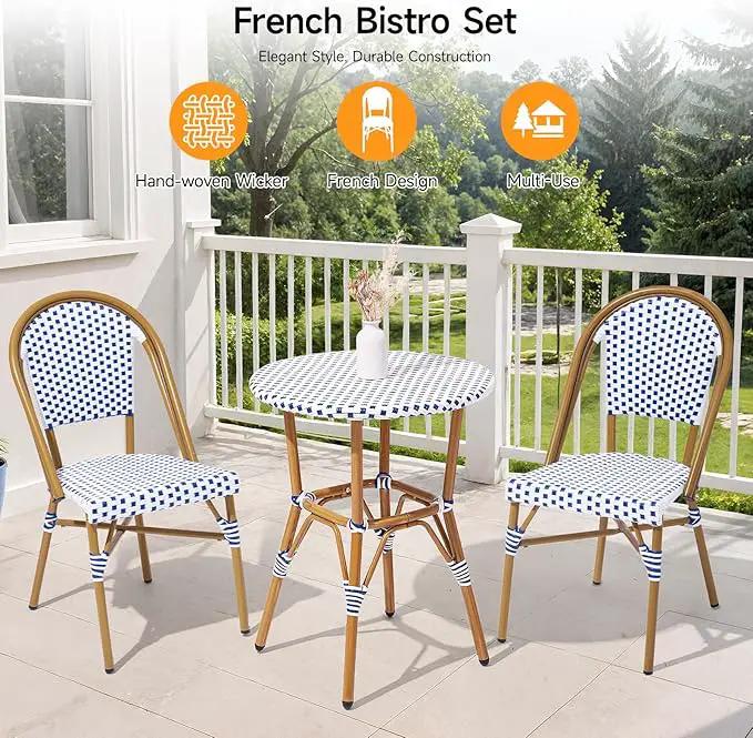 3 Piece French Wicker Bistro Set, Patio Bistro Set with Table and 2 Dining Chairs, All Weather ‎Outdoor ‎Bistro Set with Aluminum Frame, Outdoor Patio Set for Patio Porch Cafes Yard, Navy and White by GreenHaven Gardens