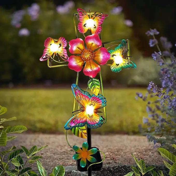Solar Cross Garden Lights, Solar Butterfly Stake Lights Cemetery Decorations for Grave, Jesus Cross Sympathy Memorial Gifts for Mother Grandma, Metal Garden Art for Yard Lawn Patio Decor by GreenHaven Gardens