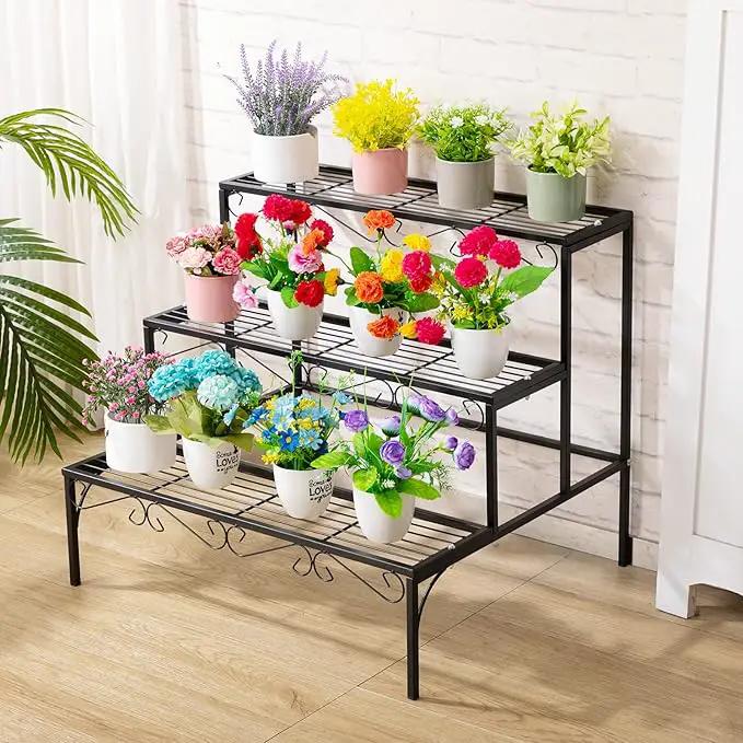 DOEWORKS 3 Tier Stair Style Metal Plant Stand, Garden Shelf for Large Flower Pot Display Rack Indoor Outdoor, Black by GreenHaven Gardens