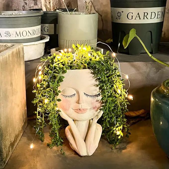 Solar-Face Flower Pot Head Planter Pots - LED String Lights Warterproof Resin Succulent Cactus Planters Pots with Drainage Hole Cute Lady Closed Eyes Indoor Outdoor Garden Decor (Large) by GreenHaven Gardens