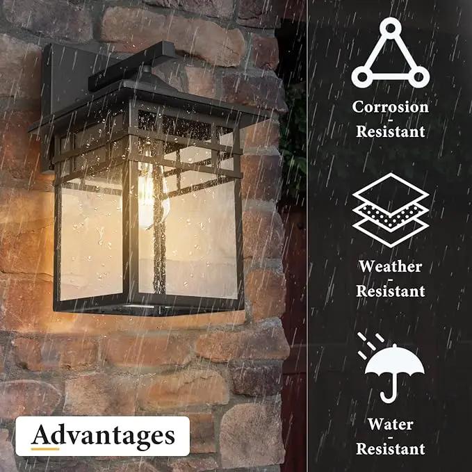 Outdoor Light Fixture Wall Mount, Black Exterior Light Fixture Wall Sconces with Seeded Glass for Front Porch, 9 Inch Large Waterproof Outdoor Square Wall Lantern Outside for House Doorway by GreenHaven Gardens