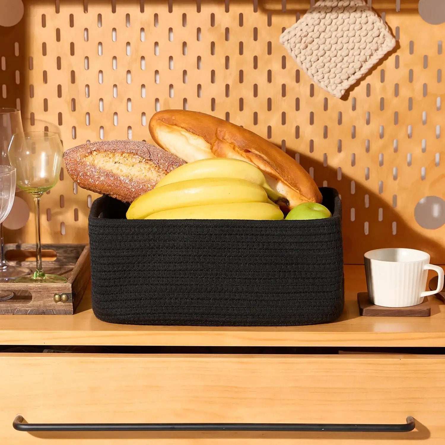 Small Storage Baskets for Organizing | Closet Organizer Bins | Shelf Toy Basket | Woven Rope Baskets | Cube Decorative Box | Shallow Basket | 13x8.5x5.1” | 4 Packs Black by GreenHaven Gardens