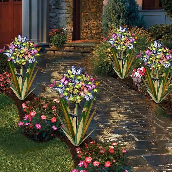 Solar Metal Agave Butterfly Flower Stick Garden Sculpture - Outdoor Gift, Christmas Lights, Swaying Butterfly, Sunflower - Solar Outdoor Statues (3 PCS Light Green) by GreenHaven Gardens