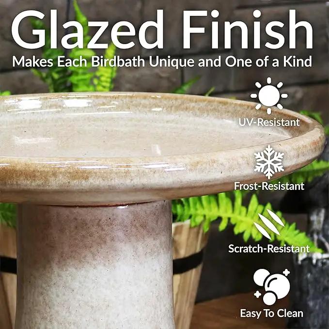 Sunnydaze 21" H Ceramic Bird Bath for Outside - Hand-Painted Outdoor Bird Bath Bowl, UV/Frost-Resistant Finish - Yam - Ribbed Pedestal by GreenHaven Gardens