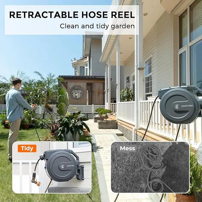 Giraffe Tools AW30 1/2MB Retractable Garden Hose Reel 1/2" x 100 ft PRO Metal Bracket, Heavy Duty, Any Length Lock Hose Reel, 100 ft, Dark Grey by GreenHaven Gardens