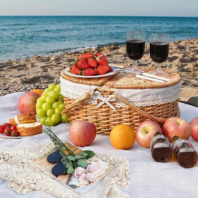 Happypicnic Wicker Picnic Basket with Handle, 15" Large Empty Picnic Basket with Lid & Removable Liner, Vintage Hand Woven Basket for Picnics, Camping, Veg Picking, Mother'S Day, Thanksgiving (Flower) by GreenHaven Gardens