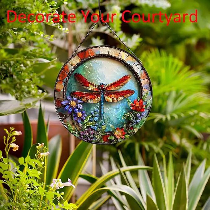 Dragonfly and Flower Suncatcher Stained Glass,Hanging Stained Glass Suncatcher for Windows,20cm/7.87inch Hand-Painted Sun Catcher Garden Hangings Halloween Fall Christmas Decor for Home by GreenHaven Gardens