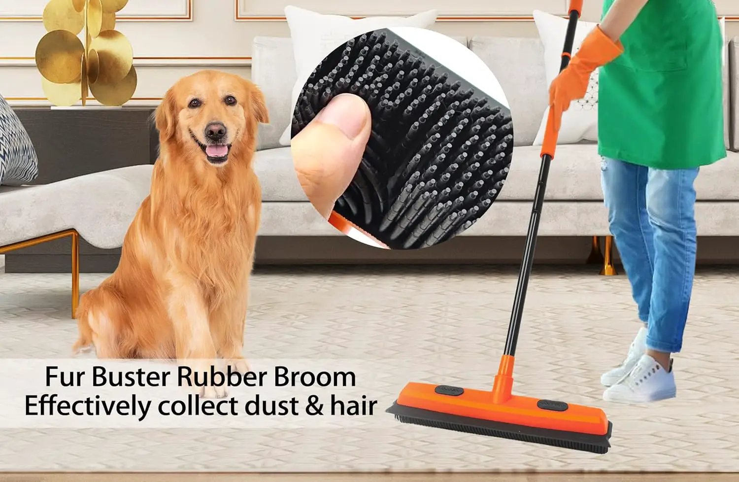 JEHONN Rubber Broom Carpet Rake for Pet Hair Remover, Fur Removal with Squeegee, Portable Detailing Brush Brush, 52.8 Inches Telescopic Long Handle for Fluff Carpet by GreenHaven Gardens