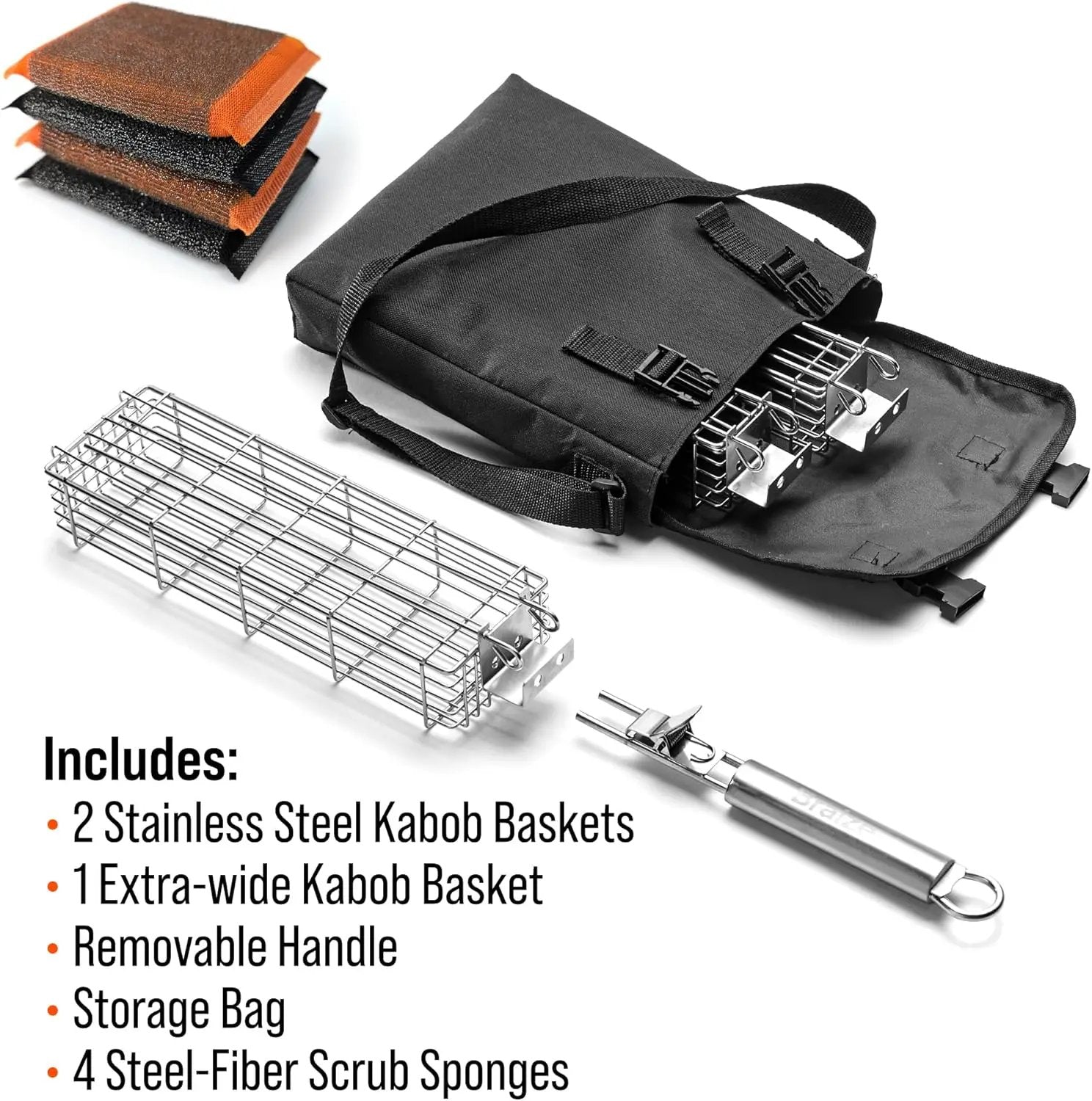 Large Grilling Basket Set – 3 Stainless Steel Kabob Baskets with Removable Handle & Scrubber Sponge – Heavy-Duty Grill Accessory for Veggies, Meat & More by GreenHaven Gardens