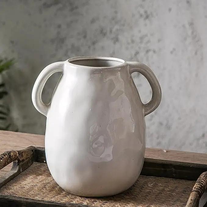 Kimdio White Ceramic Vase with 2 Handles, Modern Farmhouse Vases for Home Decor, Rustic Pottery Vase, Decorative Terracotta Flower Vase, Clay Small Vase, Centerpieces for Dining Table by GreenHaven Gardens