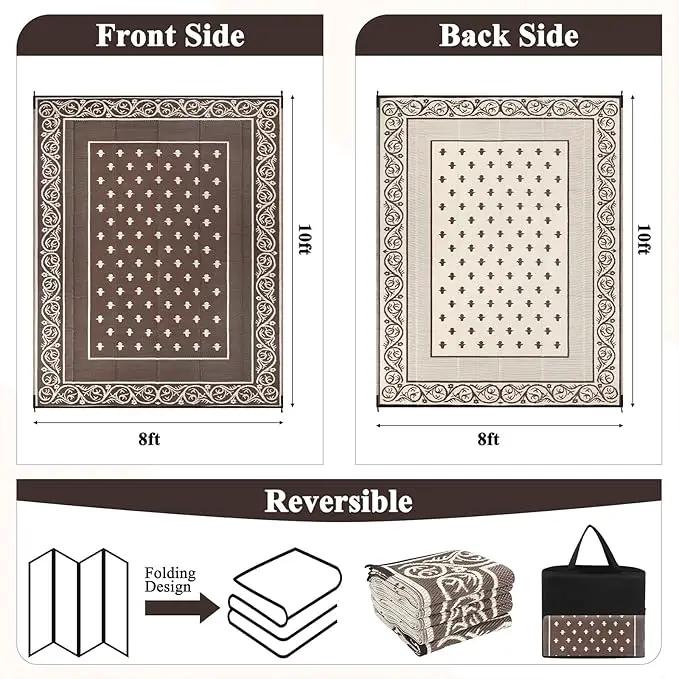 Pauwer Waterproof Outdoor Rug 8x10, Reversible Plastic Straw Patio Camping Rug, Indoor Outdoor RV Mat Carpet for Deck, Camper, Porch, Balcony, Backyard, Picnic, Bordered Brown by GreenHaven Gardens